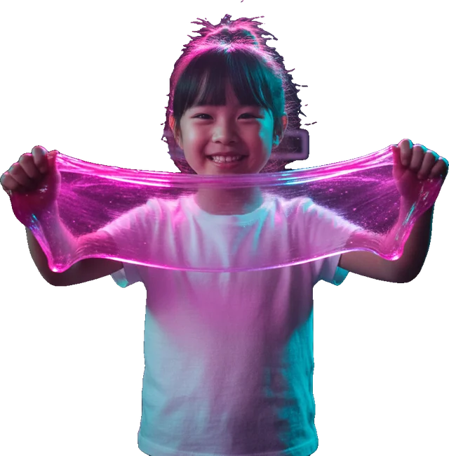 ピンクのスライムを伸ばして笑う女の子